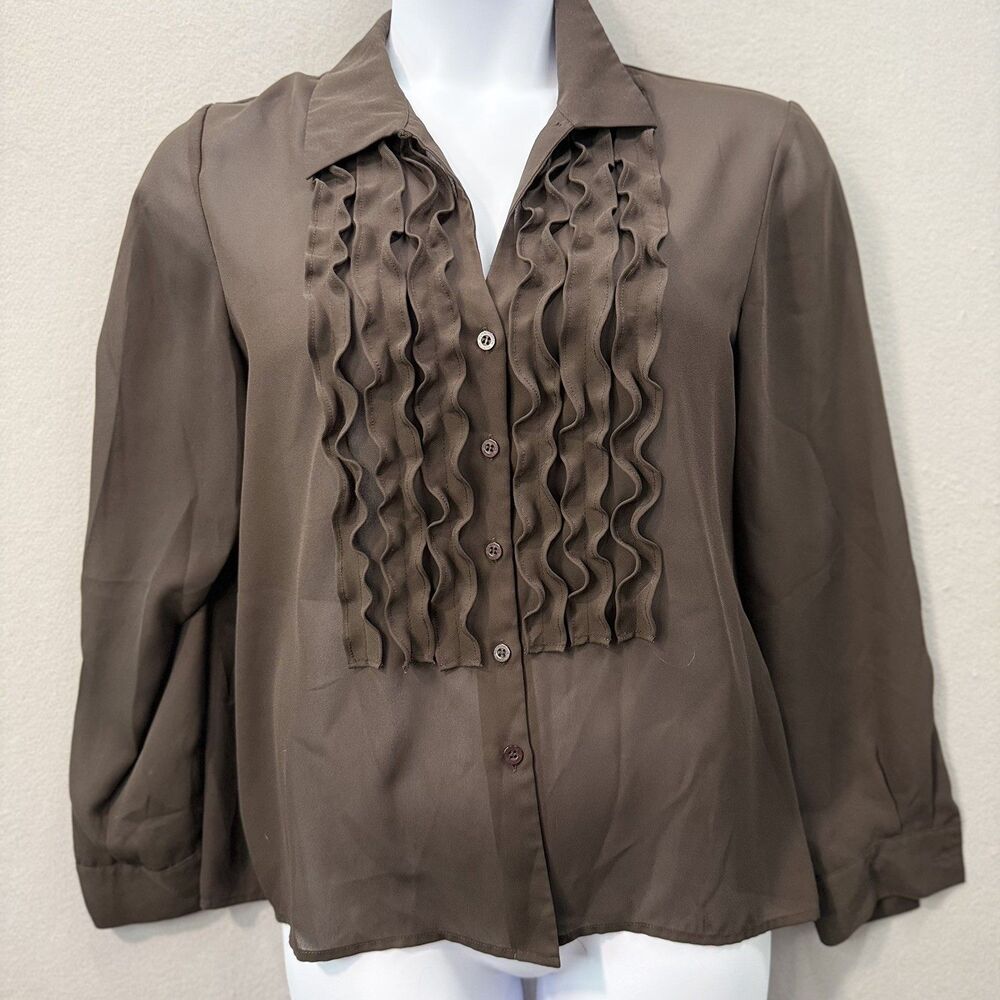 Norton McNaughton Brown Ruffle Blouse Womens Size 14 Button Up Long Sleeve